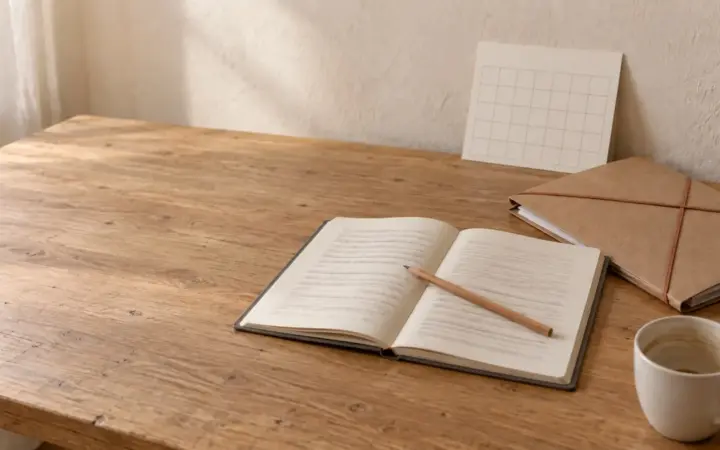Cuaderno abierto, carpeta de cartón con gomas y un calendario de papel sobre una mesa de madera