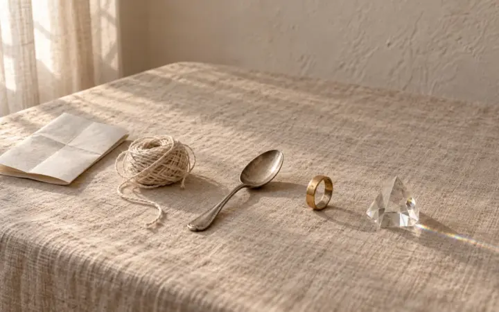 Papel doblado, ovillo de algodón, cucharilla de plata, anillo de oro y un prisma de cristal en fila sobre lino