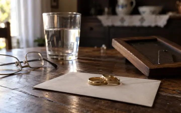 Dos alianzas de oro gastadas sobre un sobre de papel cerrado, junto a unas gafas de leer, un vaso de agua y un marco de fotos boca abajo sobre una mesa de madera