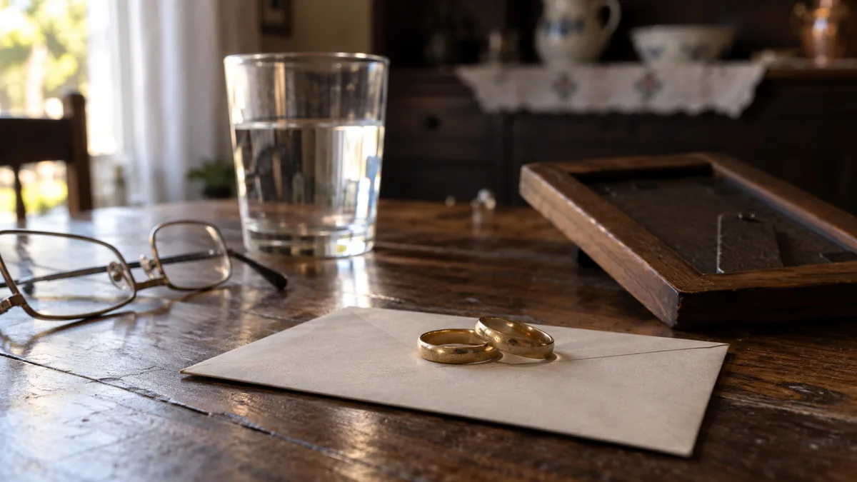Dos alianzas de oro gastadas sobre un sobre de papel cerrado, junto a unas gafas de leer, un vaso de agua y un marco de fotos boca abajo sobre una mesa de madera