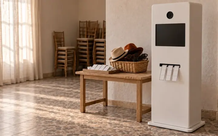 Tótem de fotomatón blanco en una sala de banquete vacía, con tiras de fotos en blanco saliendo de la ranura