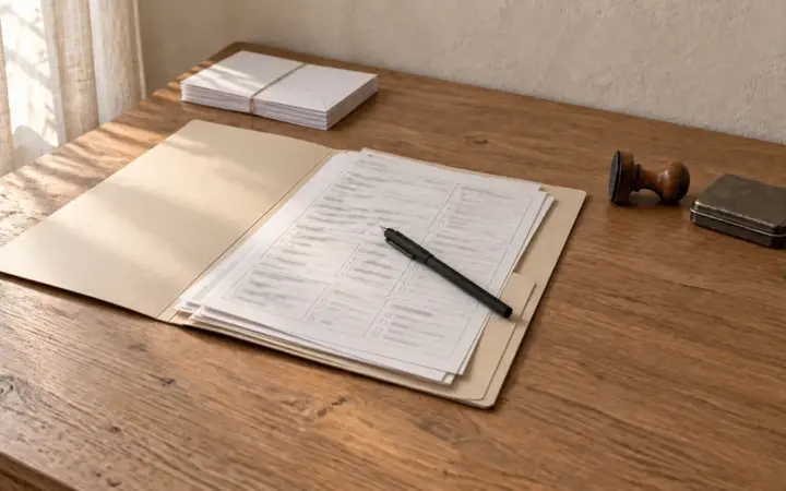 Carpeta de cartulina abierta con impresos de formulario, un bolígrafo y un sello de caucho sobre una mesa de madera