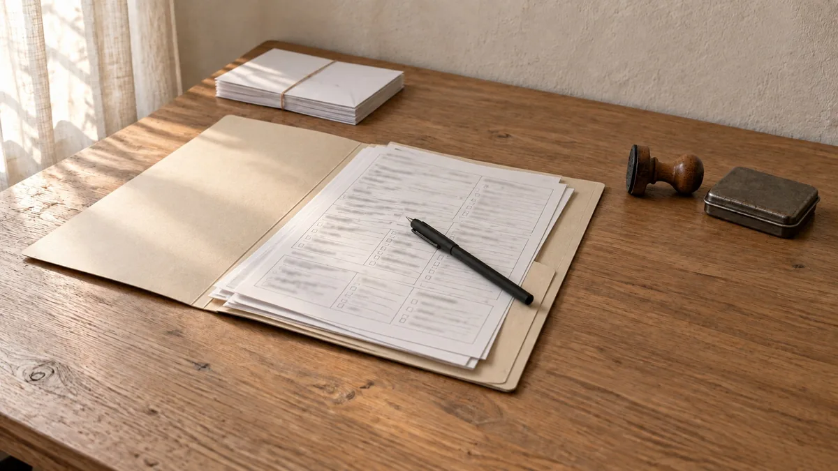 Carpeta de cartulina abierta con impresos de formulario, un bolígrafo y un sello de caucho sobre una mesa de madera