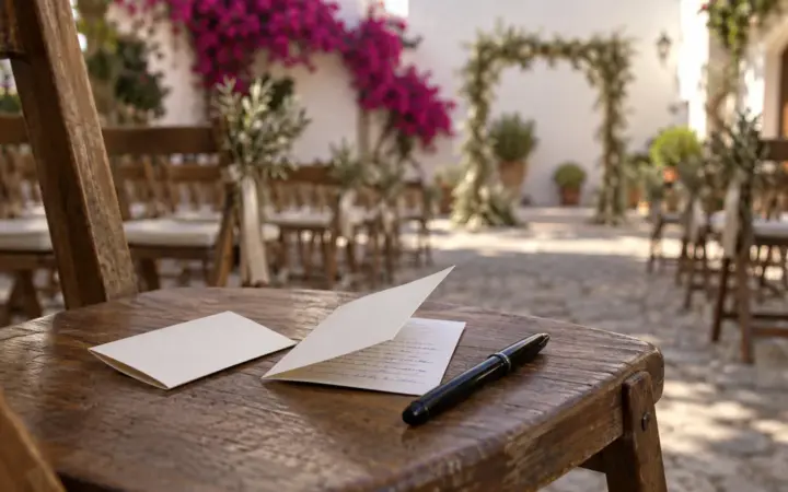 Dos tarjetas pequeñas escritas a mano, una entreabierta, y una estilográfica negra sobre una silla de madera en un patio encalado con buganvilla, antes de la ceremonia