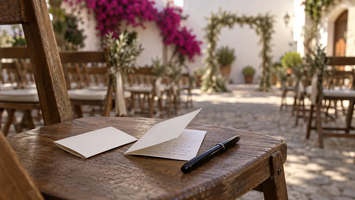 Dos tarjetas pequeñas escritas a mano, una entreabierta, y una estilográfica negra sobre una silla de madera en un patio encalado con buganvilla, antes de la ceremonia