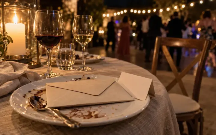 Sobre de papel cerrado y sin nada escrito sobre un plato de postre en una mesa de banquete de noche, con copas, una vela y la pista de baile desenfocada al fondo