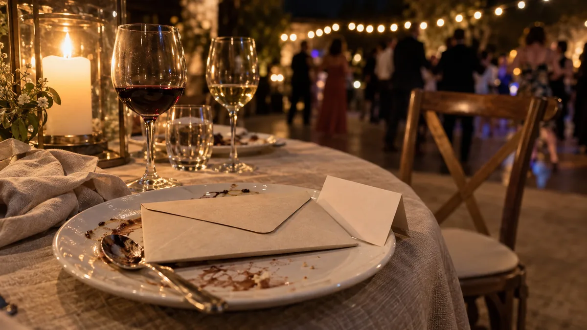 Sobre de papel cerrado y sin nada escrito sobre un plato de postre en una mesa de banquete de noche, con copas, una vela y la pista de baile desenfocada al fondo