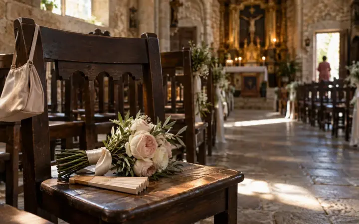 Ramo pequeño de rosas atado con cinta marfil y un abanico cerrado sobre una silla de madera de la primera fila de una iglesia de piedra, con un bolso colgado del respaldo