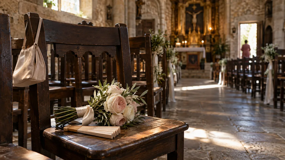 Ramo pequeño de rosas atado con cinta marfil y un abanico cerrado sobre una silla de madera de la primera fila de una iglesia de piedra, con un bolso colgado del respaldo
