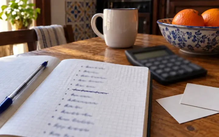 Cuaderno de cuadrícula con una lista de cuentas escrita a mano y una línea tachada, junto a una calculadora apagada y dos tarjetas de proveedor boca abajo