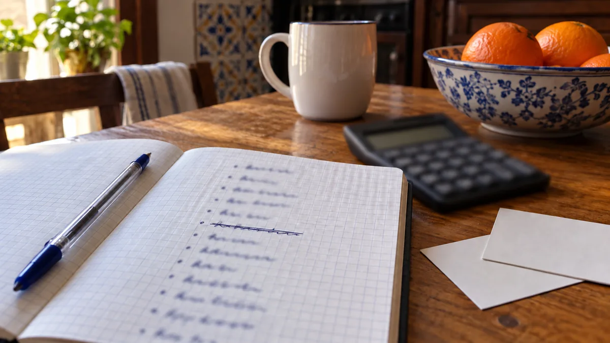 Cuaderno de cuadrícula con una lista de cuentas escrita a mano y una línea tachada, junto a una calculadora apagada y dos tarjetas de proveedor boca abajo