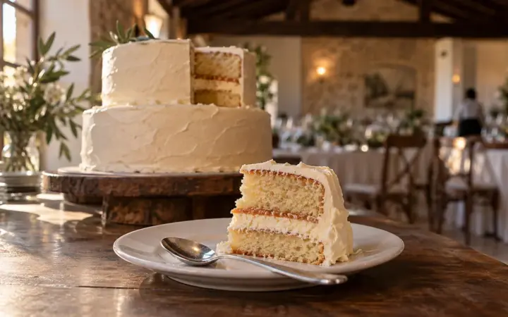 Tarta de boda de dos pisos con buttercream liso color hueso a la que le falta una porción, servida en un plato de postre en primer plano con una cucharilla