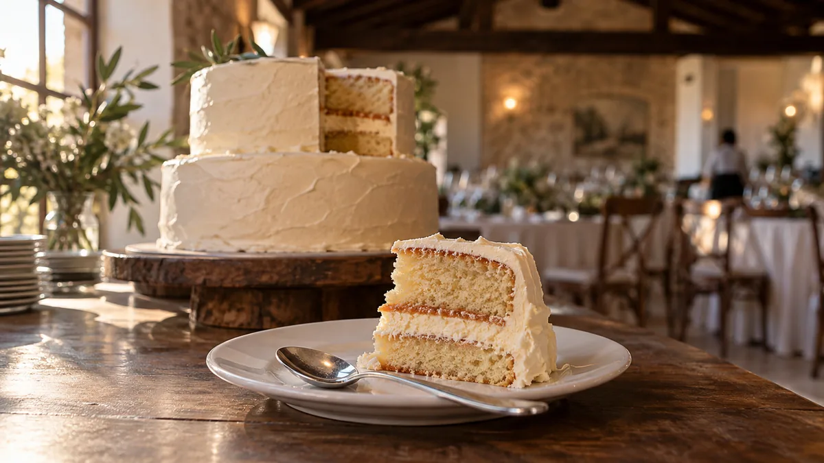 Tarta de boda de dos pisos con buttercream liso color hueso a la que le falta una porción, servida en un plato de postre en primer plano con una cucharilla