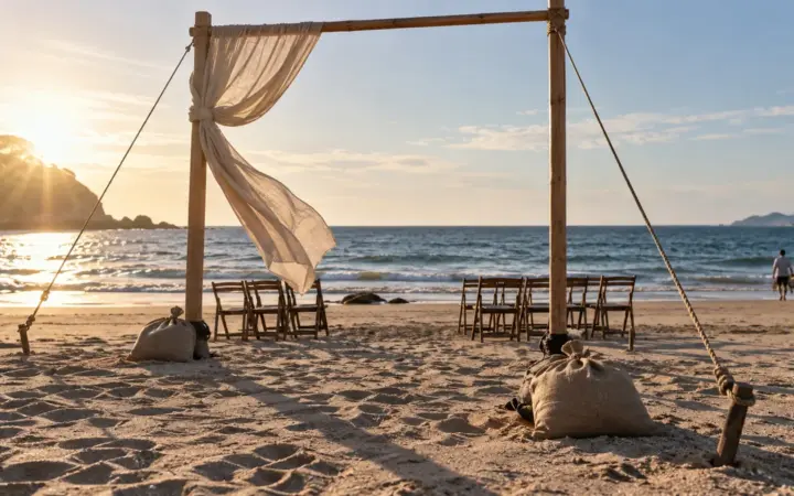 Arco de ceremonia de madera montado y vacío en una playa al atardecer, con los sacos de arena y los vientos que lo sujetan a la vista y dos filas de sillas plegables detrás