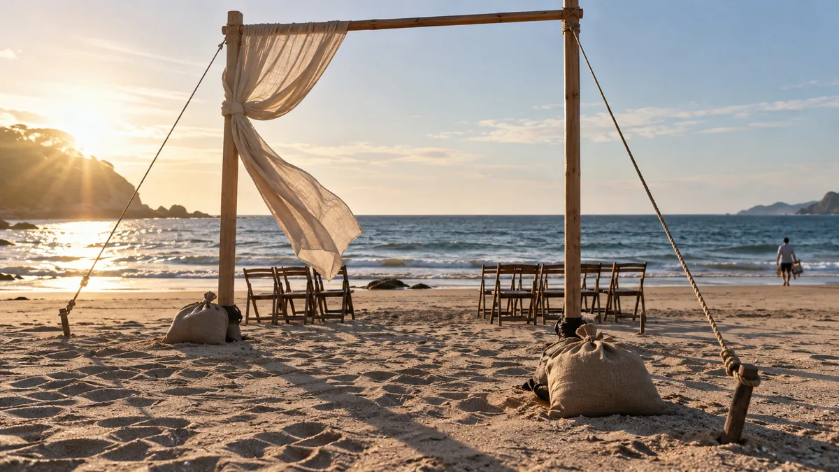 Arco de ceremonia de madera montado y vacío en una playa al atardecer, con los sacos de arena y los vientos que lo sujetan a la vista y dos filas de sillas plegables detrás