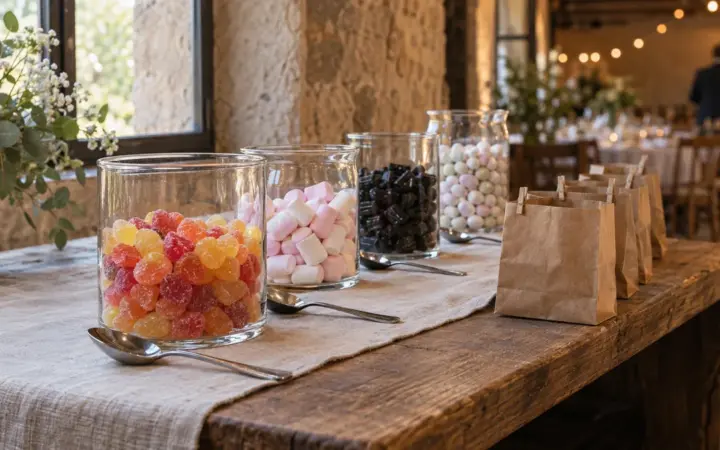 Mesa de candy bar en una finca de piedra con cuatro tarros de cristal de gominolas, nubes, regaliz y peladillas, cucharas de servir y bolsitas de papel kraft