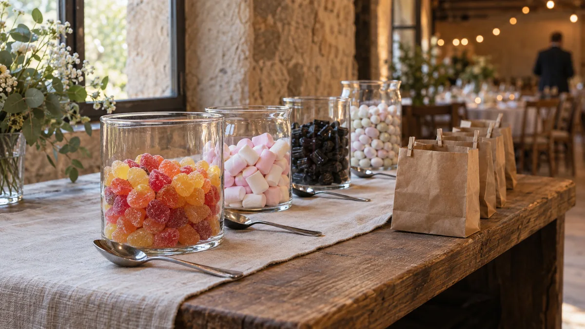 Mesa de candy bar en una finca de piedra con cuatro tarros de cristal de gominolas, nubes, regaliz y peladillas, cucharas de servir y bolsitas de papel kraft