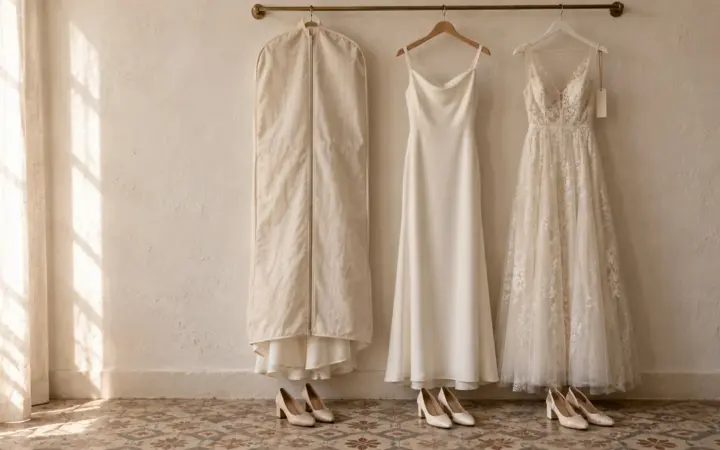Tres vestidos de novia colgados de una barra: uno enfundado, uno en percha de madera y uno con percha de almacén