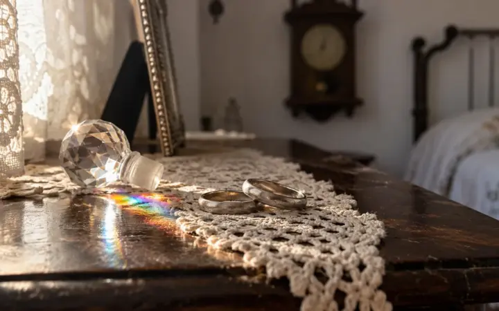 Dos alianzas de metal blanco muy gastadas sobre un tapete de ganchillo, junto a un tapón de cristal tallado que proyecta un pequeño arcoíris sobre la cómoda