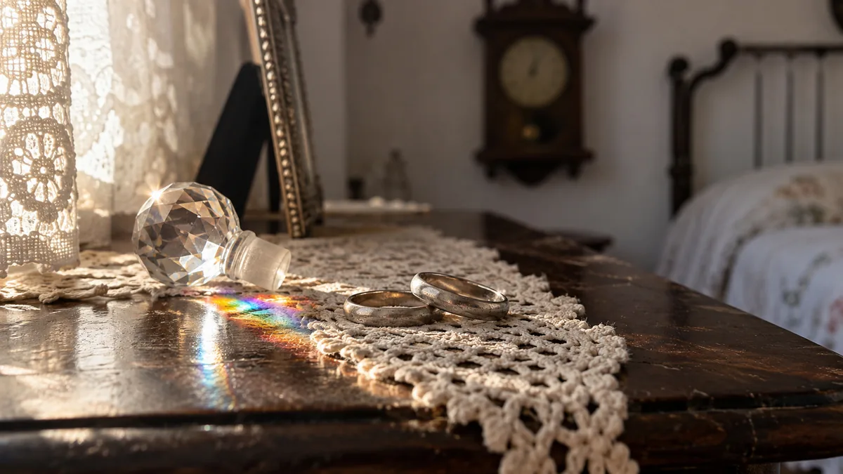 Dos alianzas de metal blanco muy gastadas sobre un tapete de ganchillo, junto a un tapón de cristal tallado que proyecta un pequeño arcoíris sobre la cómoda