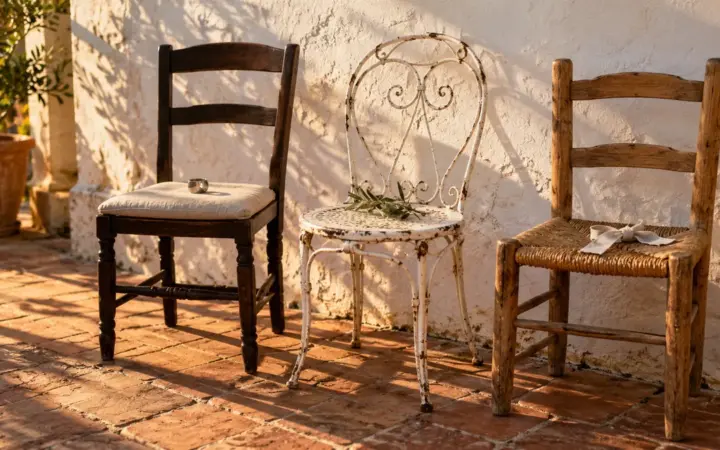 Tres sillas distintas contra una pared encalada al atardecer: de banquete en madera oscura, de hierro de jardín pintada de blanco y de enea de casa rural