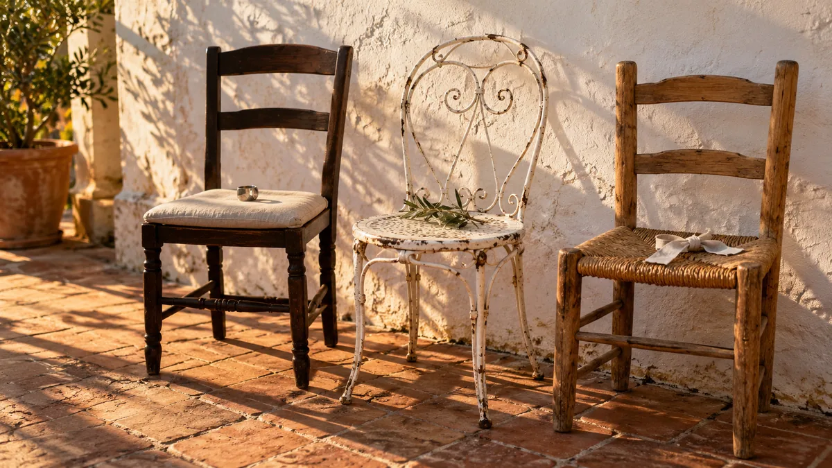 Tres sillas distintas contra una pared encalada al atardecer: de banquete en madera oscura, de hierro de jardín pintada de blanco y de enea de casa rural