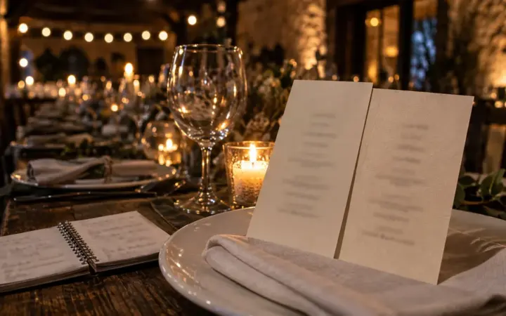 Dos minutas del mismo menú impresas en dos papeles distintos, apoyadas en un plato de banquete junto a un cuaderno de notas abierto, con guirnalda de bombillas al fondo