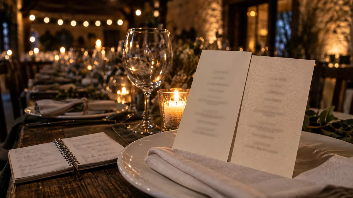 Dos minutas del mismo menú impresas en dos papeles distintos, apoyadas en un plato de banquete junto a un cuaderno de notas abierto, con guirnalda de bombillas al fondo
