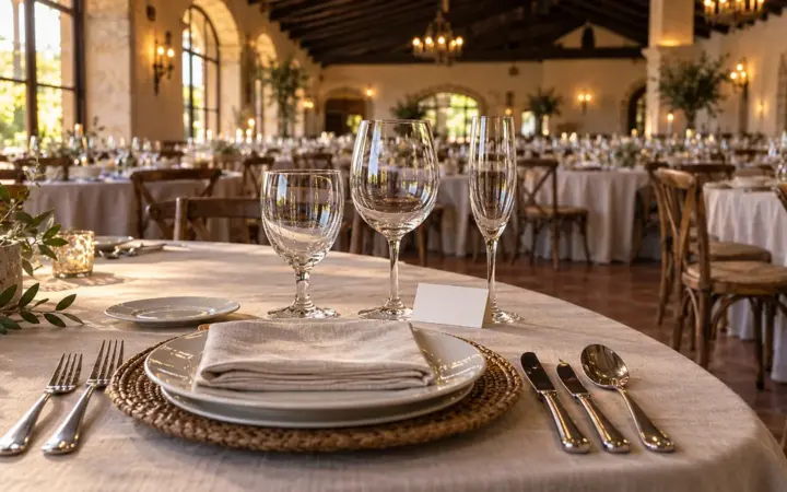 Un puesto de banquete montado con plato, cubiertería, tres copas y una tarjeta en blanco, con el salón de la finca lleno de mesas iguales al fondo