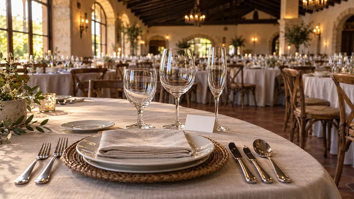 Un puesto de banquete montado con plato, cubiertería, tres copas y una tarjeta en blanco, con el salón de la finca lleno de mesas iguales al fondo