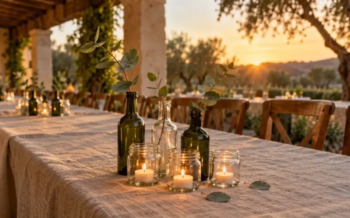 Centro de mesa bajo con tres botellas de vidrio recuperado sin etiqueta, ramas de eucalipto y velas encendidas en tarros de conserva, sobre una mesa larga de lino en el porche de una finca al atardecer