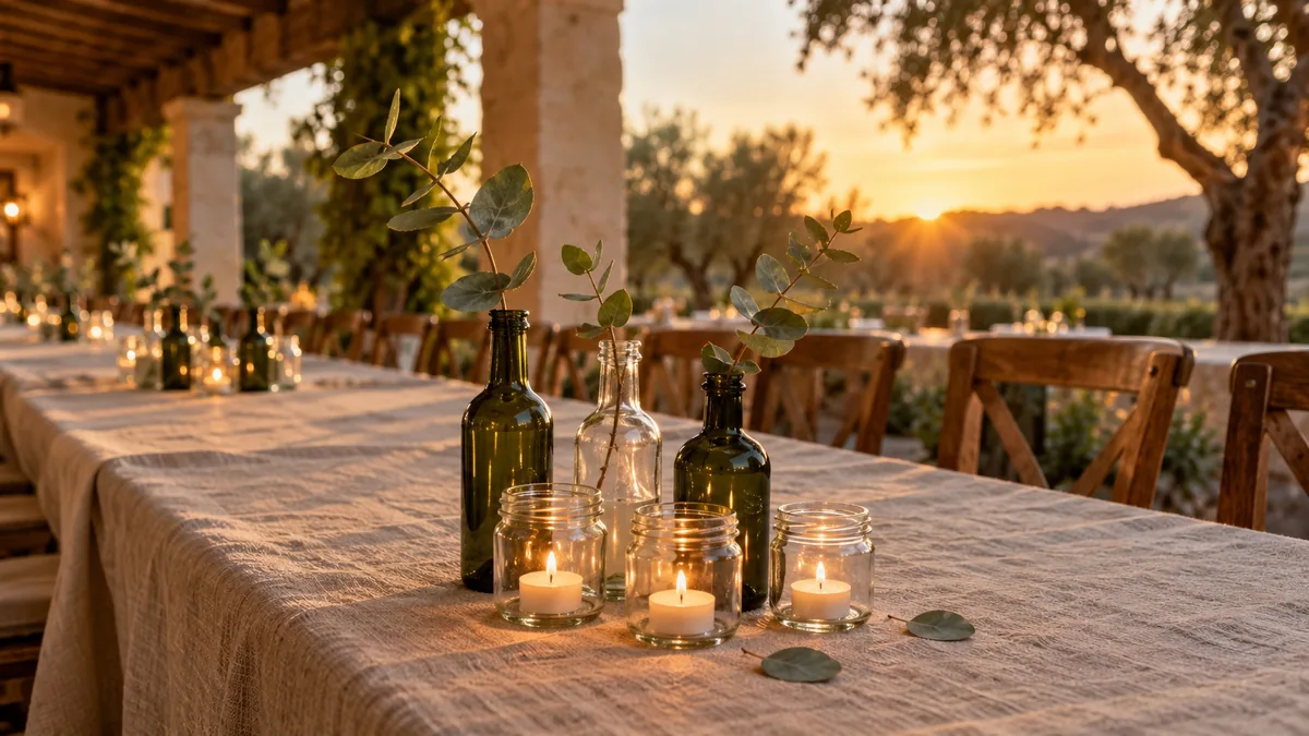 Centro de mesa bajo con tres botellas de vidrio recuperado sin etiqueta, ramas de eucalipto y velas encendidas en tarros de conserva, sobre una mesa larga de lino en el porche de una finca al atardecer