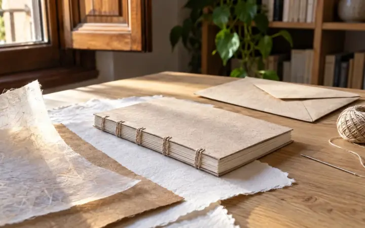 Pliegos de papel de algodón, kraft y japonés con un cuaderno cosido a mano, un sobre cerrado, un ovillo de hilo y una aguja de encuadernar sobre una mesa junto a la ventana