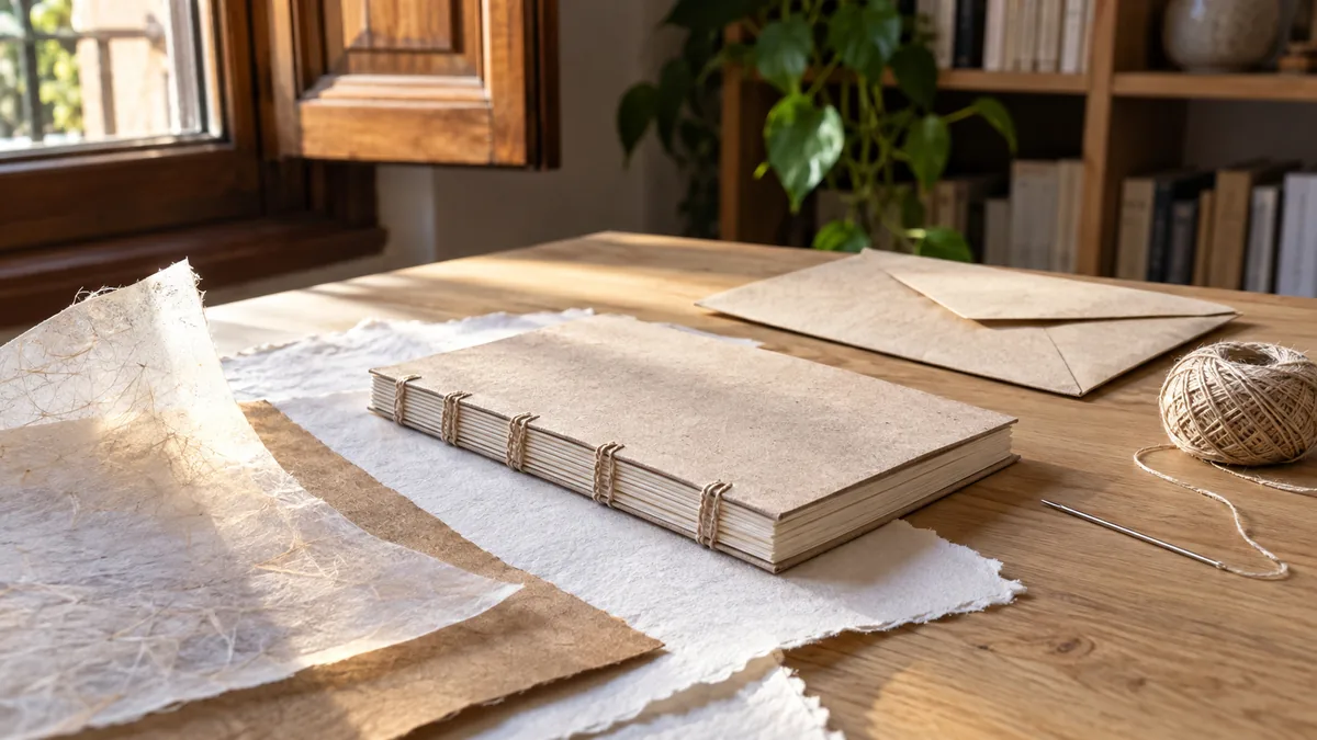Pliegos de papel de algodón, kraft y japonés con un cuaderno cosido a mano, un sobre cerrado, un ovillo de hilo y una aguja de encuadernar sobre una mesa junto a la ventana