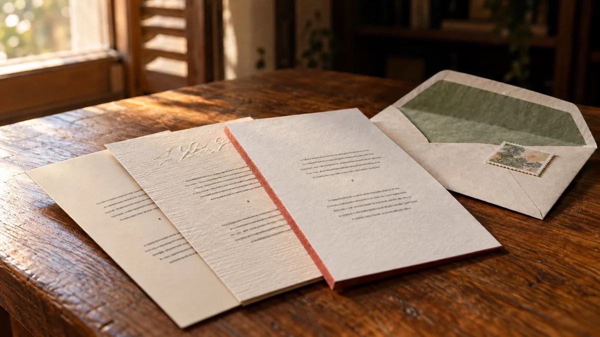 Tres invitaciones de boda de acabados distintos en abanico, con un sobre forrado y un sello, sobre una mesa de madera