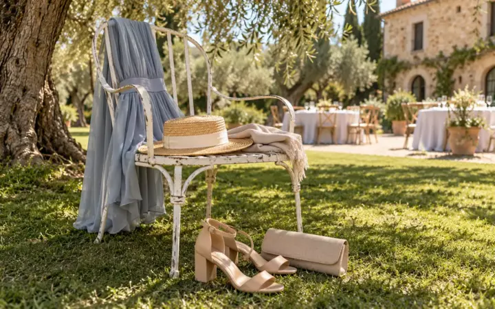 Vestido midi gris azulado colgado del respaldo de una silla de jardín blanca, con un canotier de paja y un chal sobre el asiento y unas sandalias de tacón ancho y un bolso de mano sobre la hierba, bajo un olivo de una finca