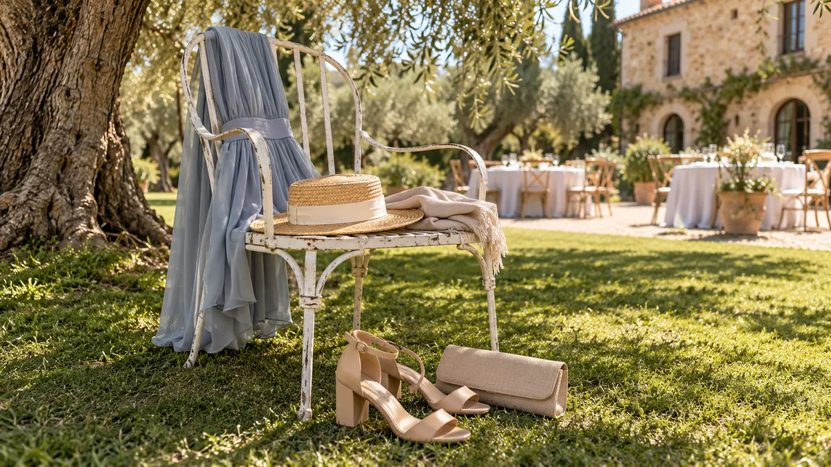 Vestido midi gris azulado colgado del respaldo de una silla de jardín blanca, con un canotier de paja y un chal sobre el asiento y unas sandalias de tacón ancho y un bolso de mano sobre la hierba, bajo un olivo de una finca