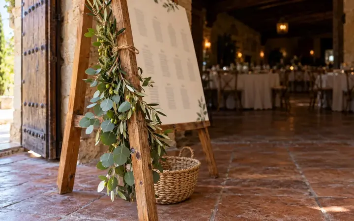 Caballete de madera con una guirnalda de eucalipto y olivo y el cartel del seating plan, fuera de foco, a la entrada del salón de piedra de una finca, con las mesas del banquete montadas al fondo