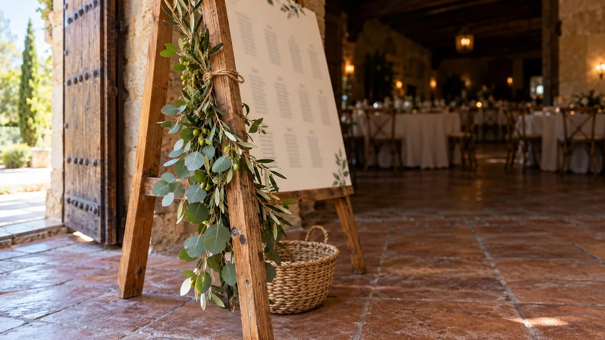 Caballete de madera con una guirnalda de eucalipto y olivo y el cartel del seating plan, fuera de foco, a la entrada del salón de piedra de una finca, con las mesas del banquete montadas al fondo