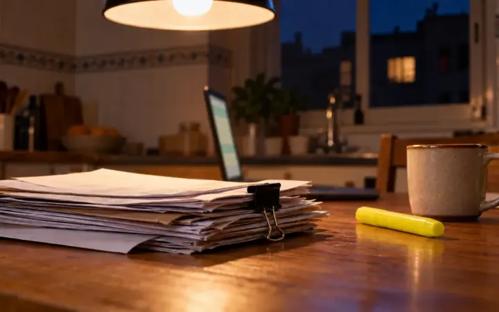 Montón de presupuestos de proveedores sujetos con una pinza negra sobre la mesa de una cocina de noche, con un rotulador fluorescente, una taza de café y un portátil abierto al fondo