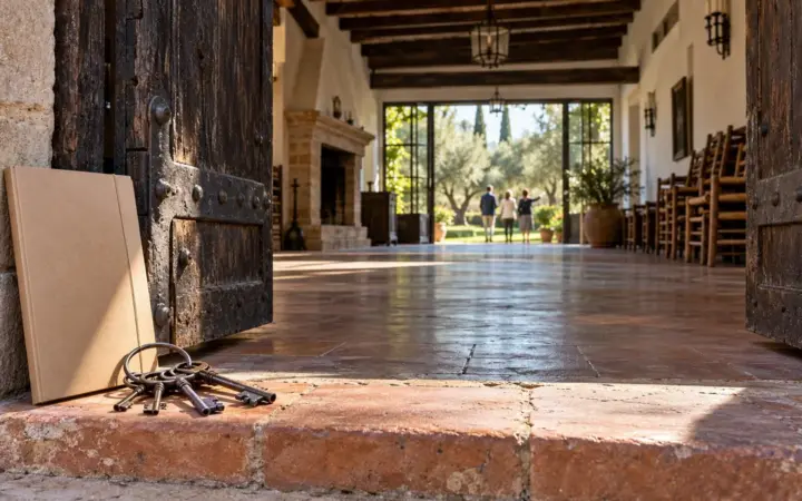 Portón de madera antigua abierto en una finca, con una carpeta cerrada y un manojo de llaves de hierro en el escalón, y al fondo el salón vacío con vigas y chimenea y tres personas de espaldas en el jardín de olivos