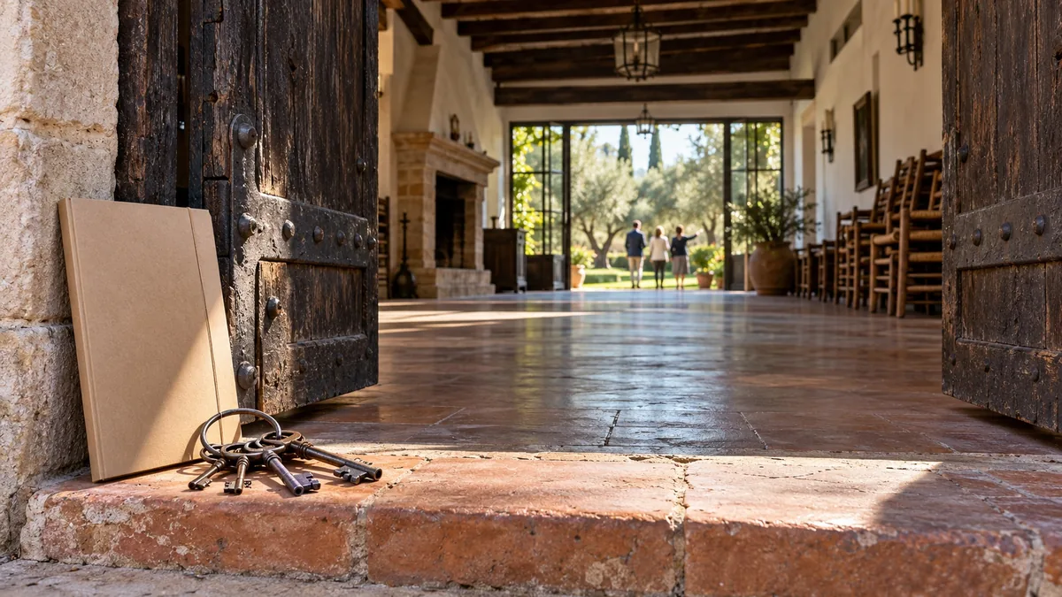 Portón de madera antigua abierto en una finca, con una carpeta cerrada y un manojo de llaves de hierro en el escalón, y al fondo el salón vacío con vigas y chimenea y tres personas de espaldas en el jardín de olivos