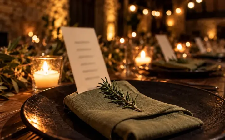 Minuta de boda metida en una servilleta de lino verde salvia sobre un plato oscuro, con una ramita de romero, en una mesa de banquete de noche iluminada por velas