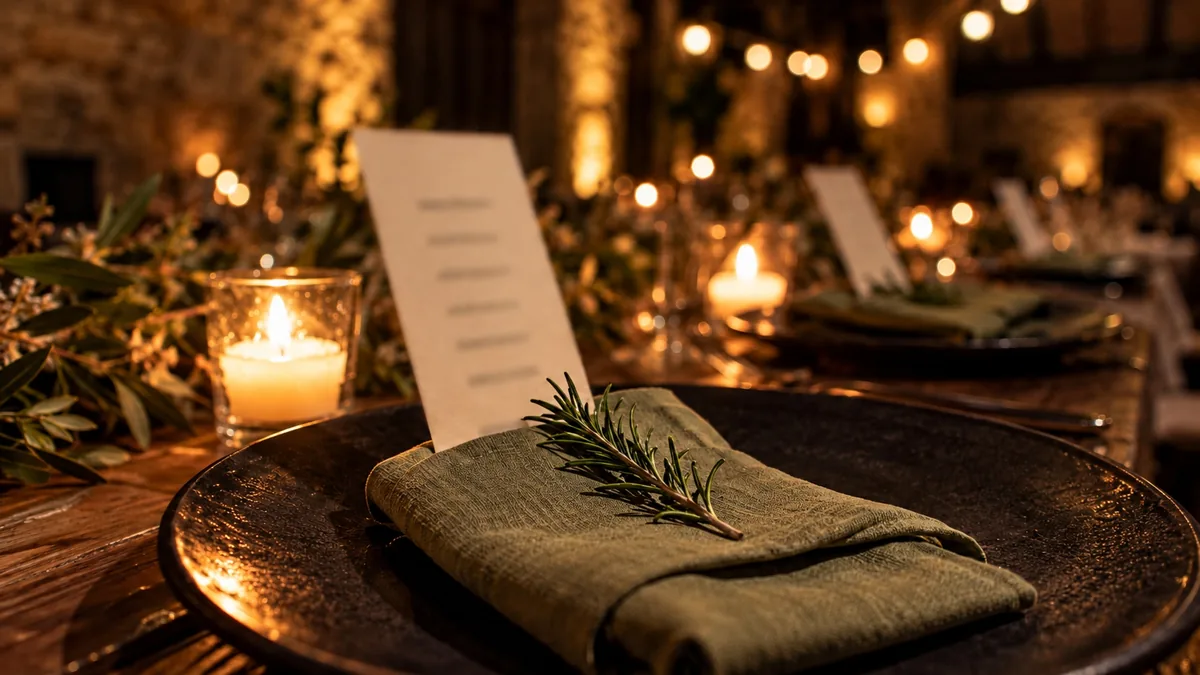 Minuta de boda metida en una servilleta de lino verde salvia sobre un plato oscuro, con una ramita de romero, en una mesa de banquete de noche iluminada por velas