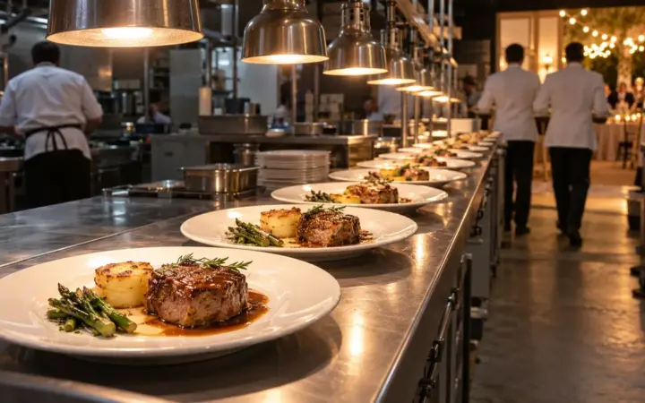 Fila de platos iguales de carne con patata y espárragos sobre el pase de acero de la cocina del catering, bajo las lámparas de calor, con dos camareros de espaldas saliendo hacia el salón iluminado