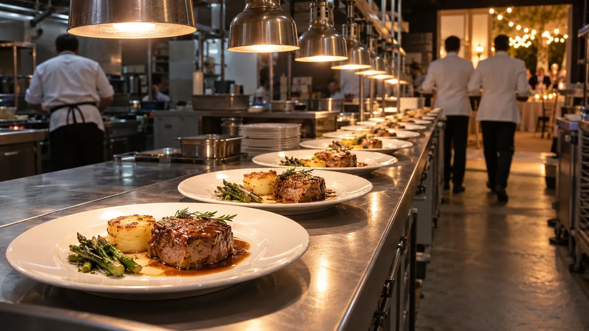 Fila de platos iguales de carne con patata y espárragos sobre el pase de acero de la cocina del catering, bajo las lámparas de calor, con dos camareros de espaldas saliendo hacia el salón iluminado