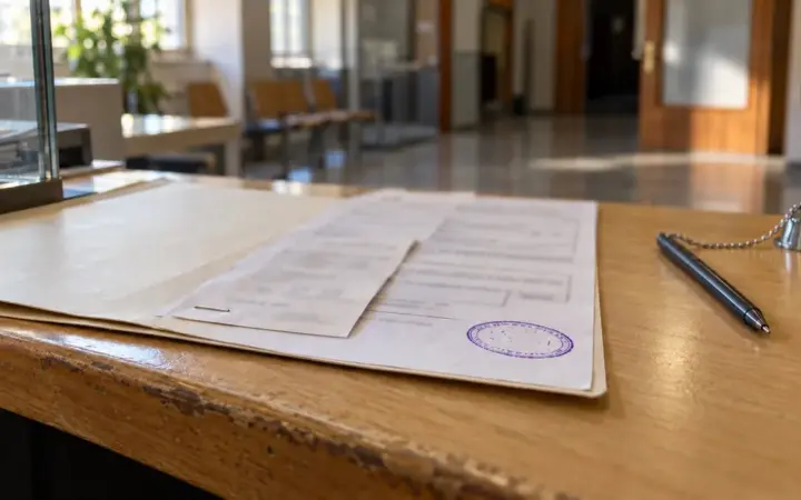 Hoja de autoliquidación de una tasa municipal con un sello violeta, grapada a un justificante, sobre una carpeta en el mostrador de madera de una oficina de atención ciudadana, con un bolígrafo de cadenilla y la sala de espera vacía al fondo