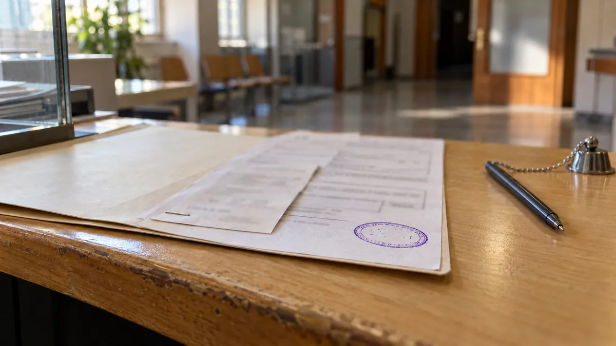 Hoja de autoliquidación de una tasa municipal con un sello violeta, grapada a un justificante, sobre una carpeta en el mostrador de madera de una oficina de atención ciudadana, con un bolígrafo de cadenilla y la sala de espera vacía al fondo