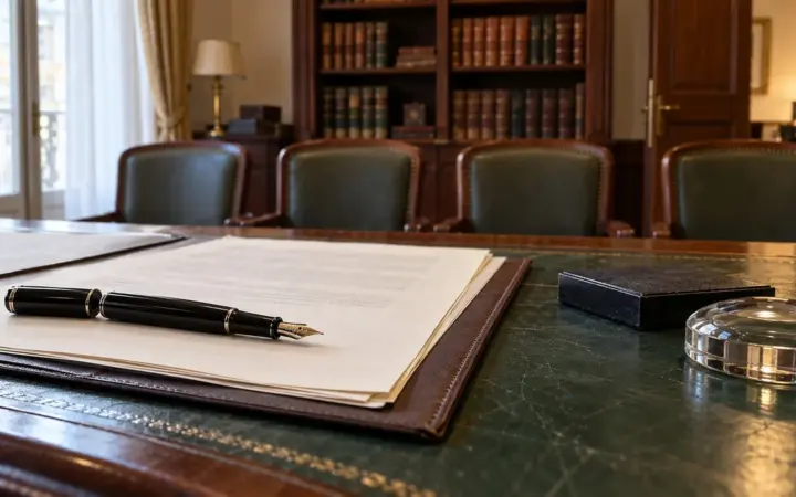 Mesa de firma de una notaría con una carpeta de folios de escritura y una estilográfica abierta, un tampón y un pisapapeles de cristal, frente a cuatro sillas vacías y una librería de tomos encuadernados en piel