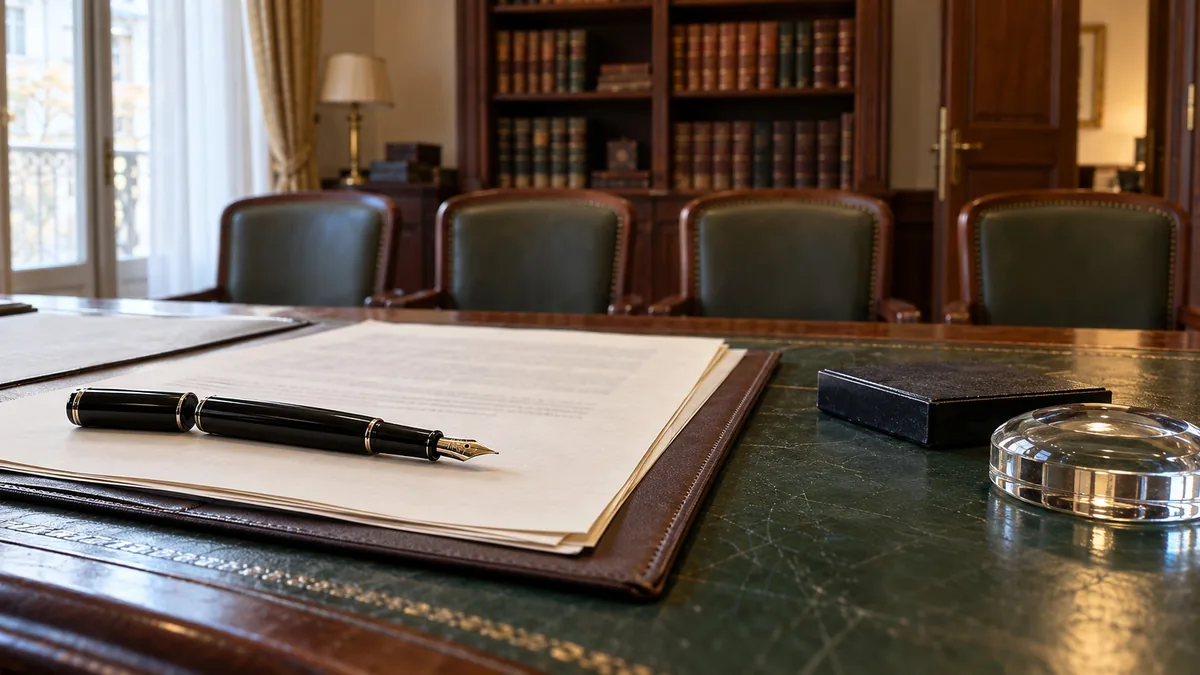Mesa de firma de una notaría con una carpeta de folios de escritura y una estilográfica abierta, un tampón y un pisapapeles de cristal, frente a cuatro sillas vacías y una librería de tomos encuadernados en piel